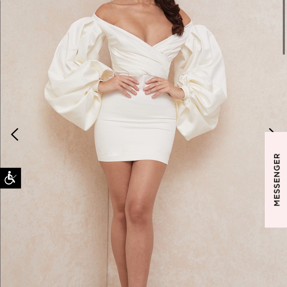 CARLYN IVORY SATIN BALLOON SLEEVE MINI DRESS
